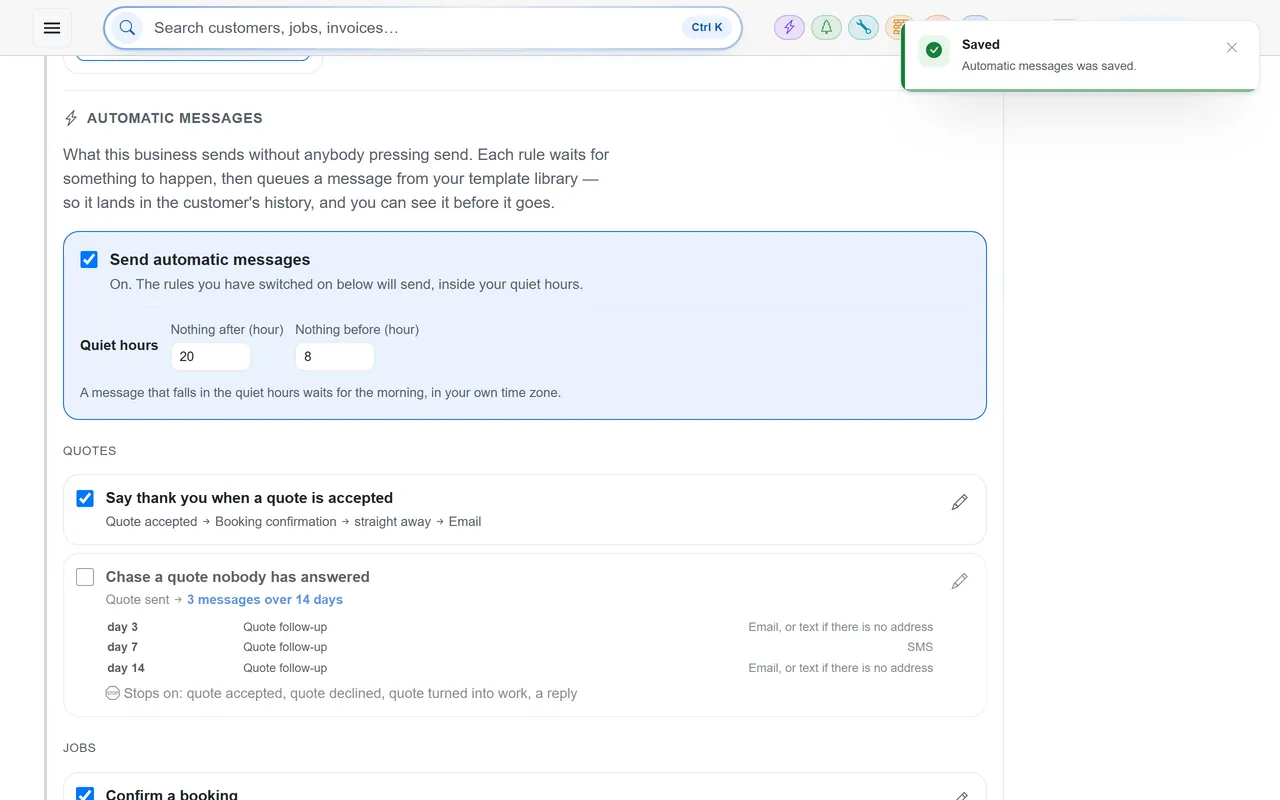Settings, Automatic messages: rules such as thank you when a quote is accepted and confirm a booking