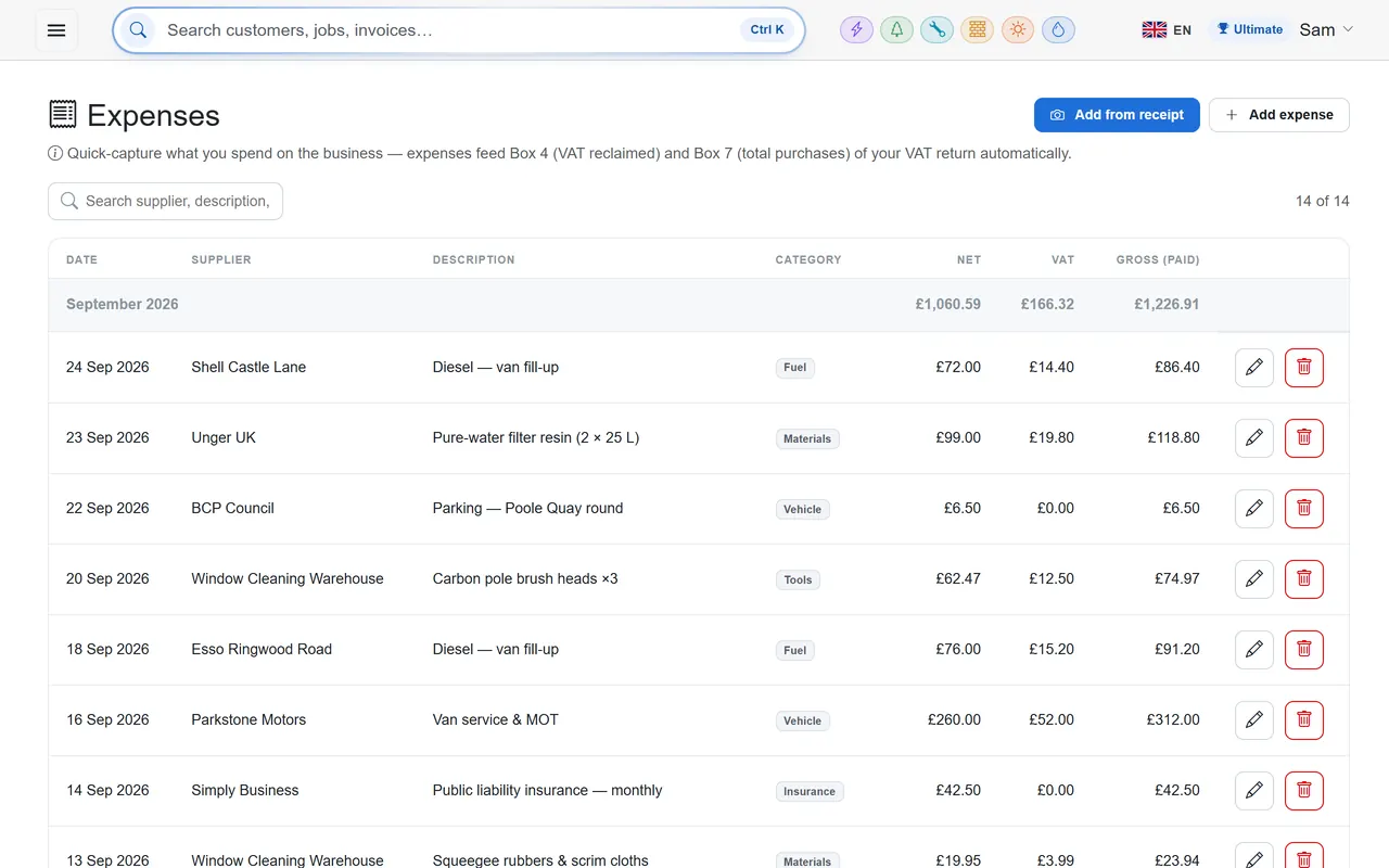 The Expenses list with suppliers, categories, net, VAT and totals for the month