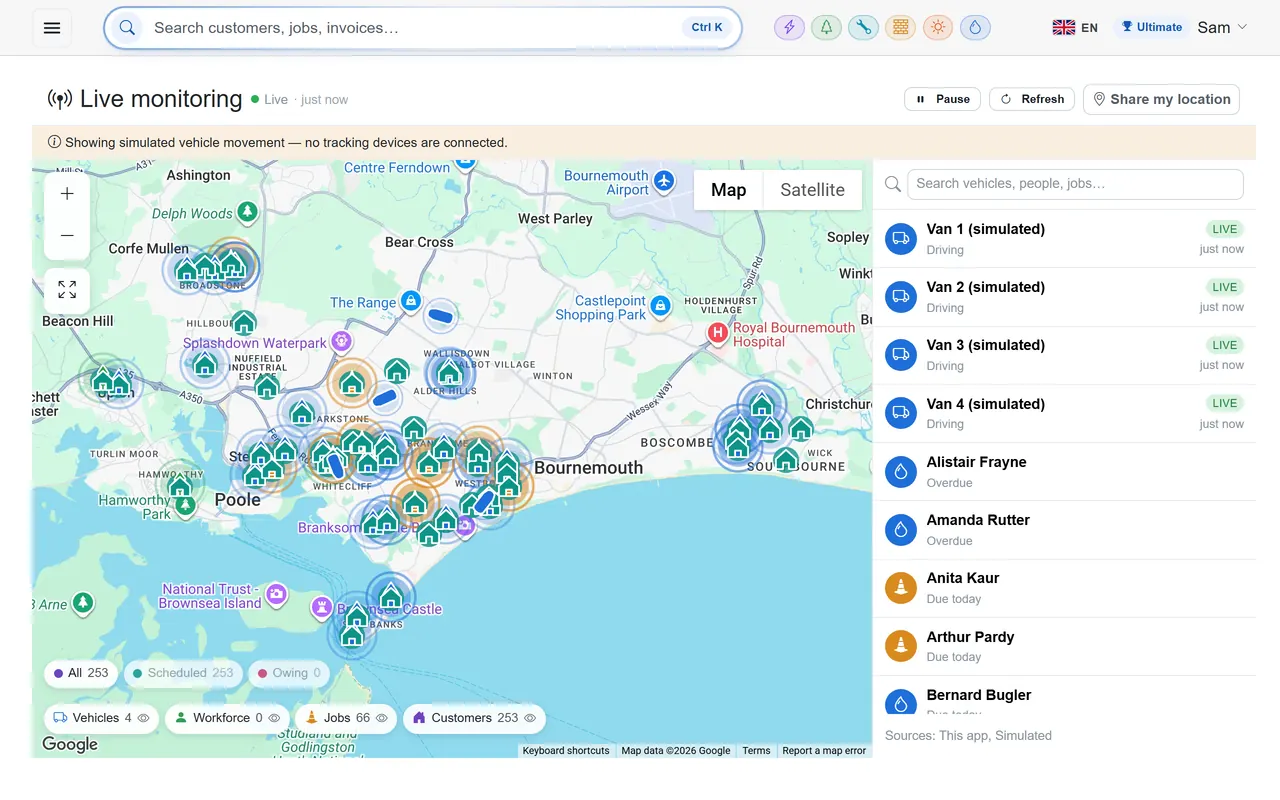 The Live monitoring map with vans, jobs and customers across Poole and Bournemouth