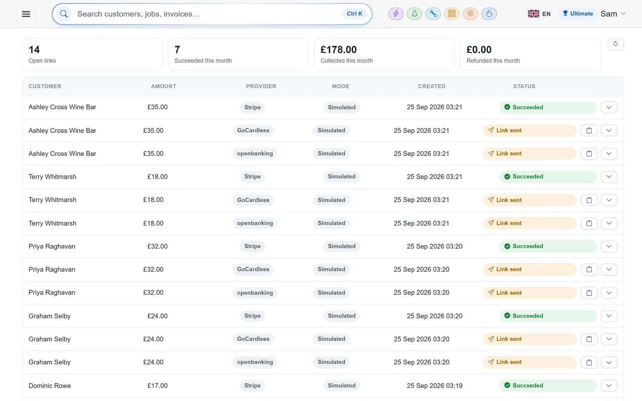 Settings, Payments, Transactions: card payments collected this month and each payment's status