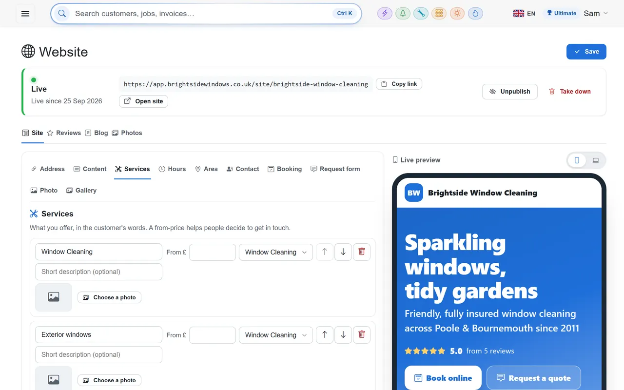 The website editor with a live phone preview