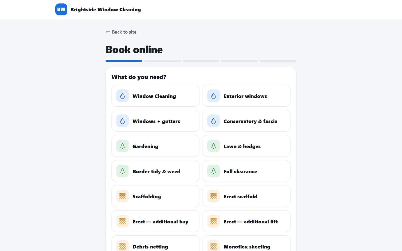 The online booking page: customers choose the service they need