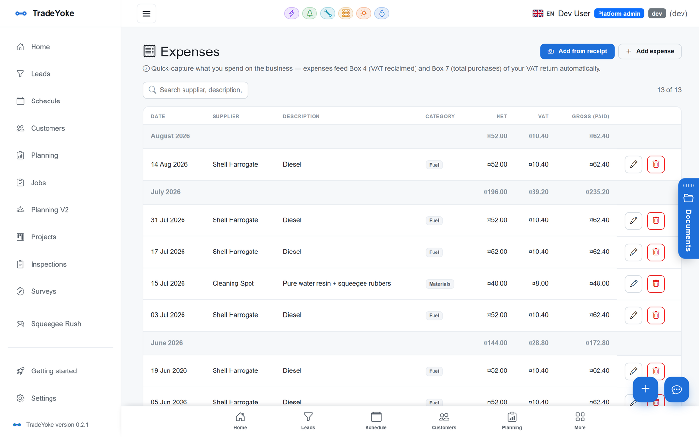 TradeYoke expenses with receipt capture and a mileage log
