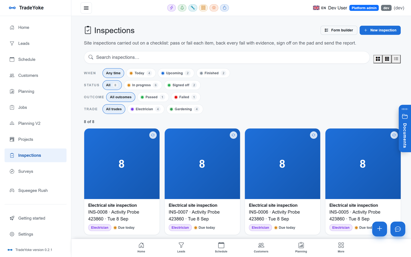 TradeYoke inspections: checklist-based site inspections with pass/fail outcomes, evidence and sign-off