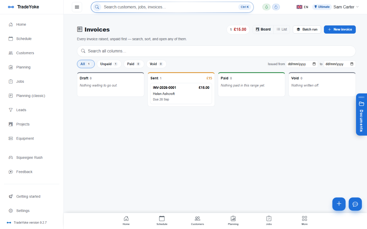 TradeYoke invoices board: draft, sent, paid and void