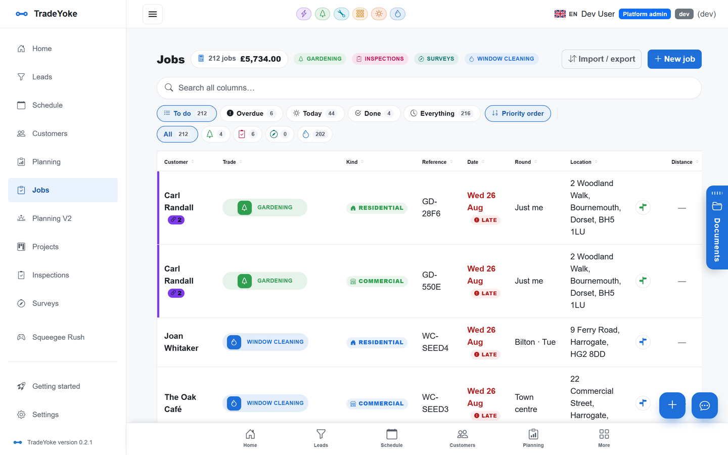 TradeYoke jobs list filtered by trade, priority order, distance and round
