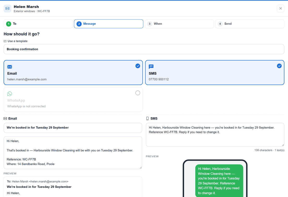 The message wizard with Booking confirmation chosen: the day and job reference are filled in, as an email and as a text