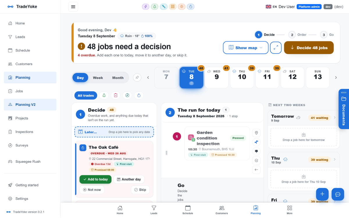 TradeYoke Plan my day: 13 jobs need a decision — decide, order, go