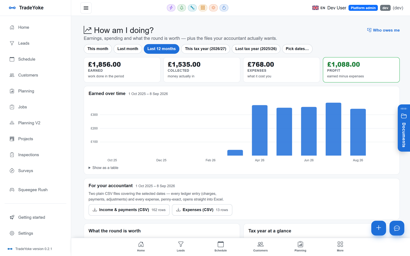 TradeYoke 'How am I doing?' report: earned, collected, expenses, profit and the accountant export