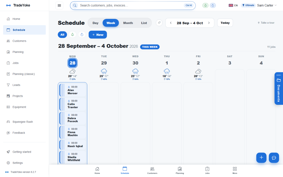 TradeYoke schedule, month view: jobs across your trades colour-coded, with day, week and list views