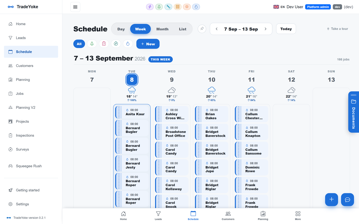 TradeYoke schedule, week view: the crew's week colour-coded by trade