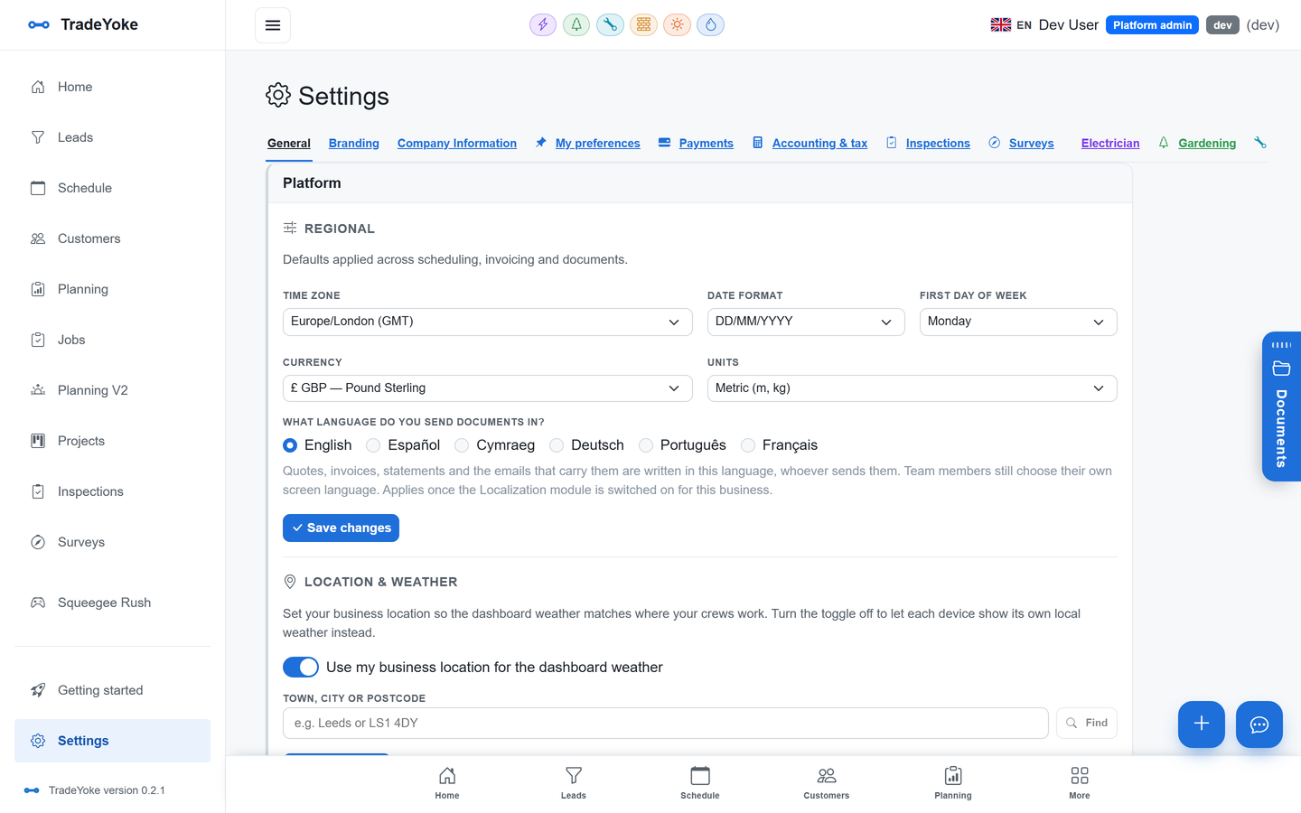 TradeYoke settings: regional, branding, payments, accounting & tax and per-trade tabs