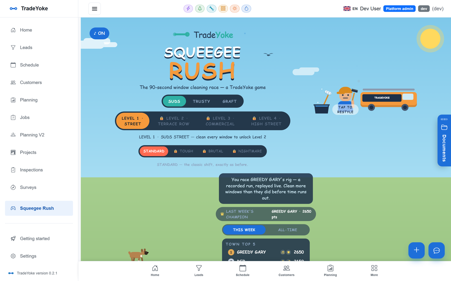 Squeegee Rush, the 90-second window cleaning arcade game built into TradeYoke