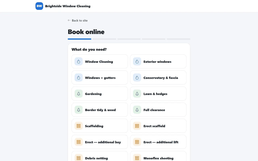 The online booking page: a customer choosing the service they need