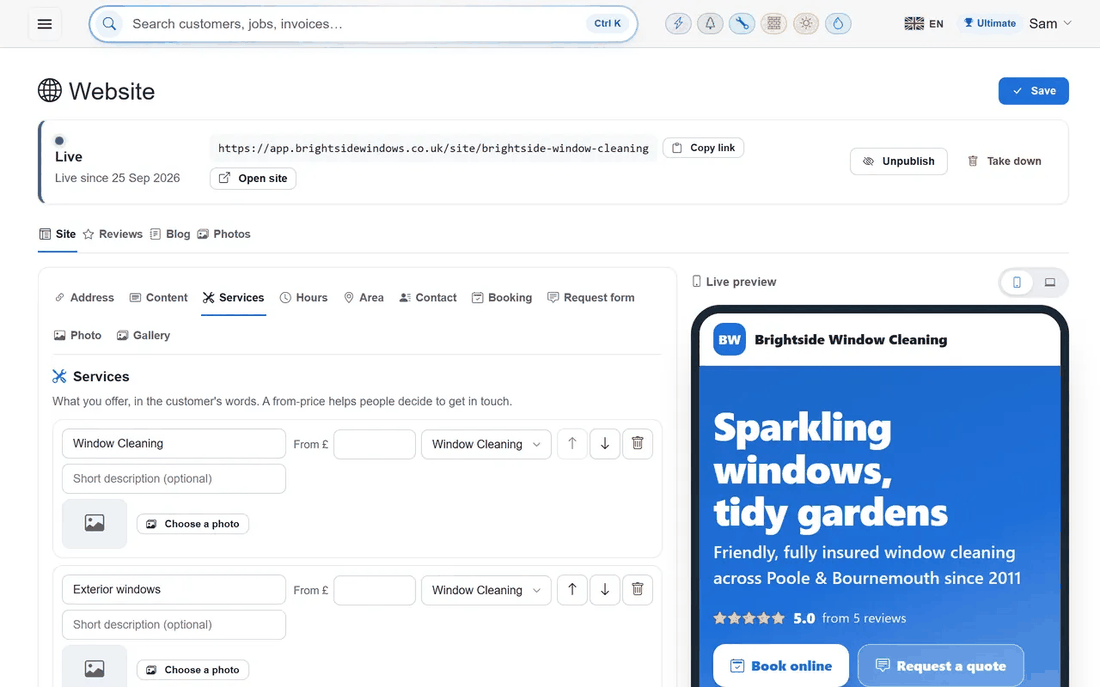 The TradeYoke website editor with a live phone preview