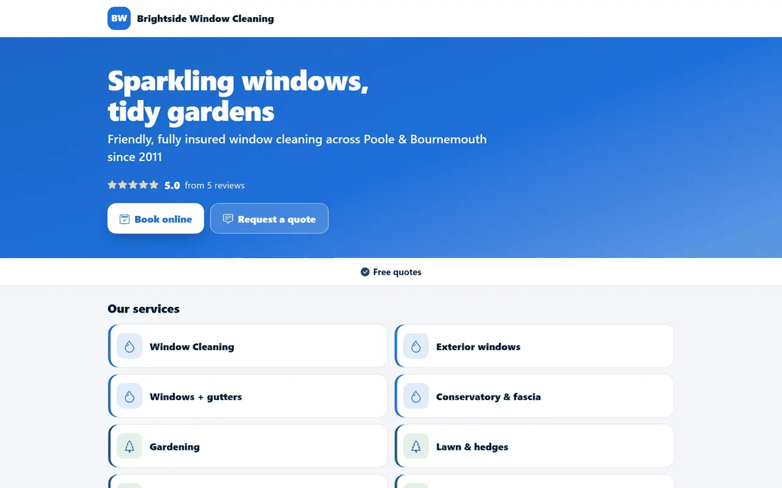A tradesperson's public website built with TradeYoke, with reviews and booking buttons