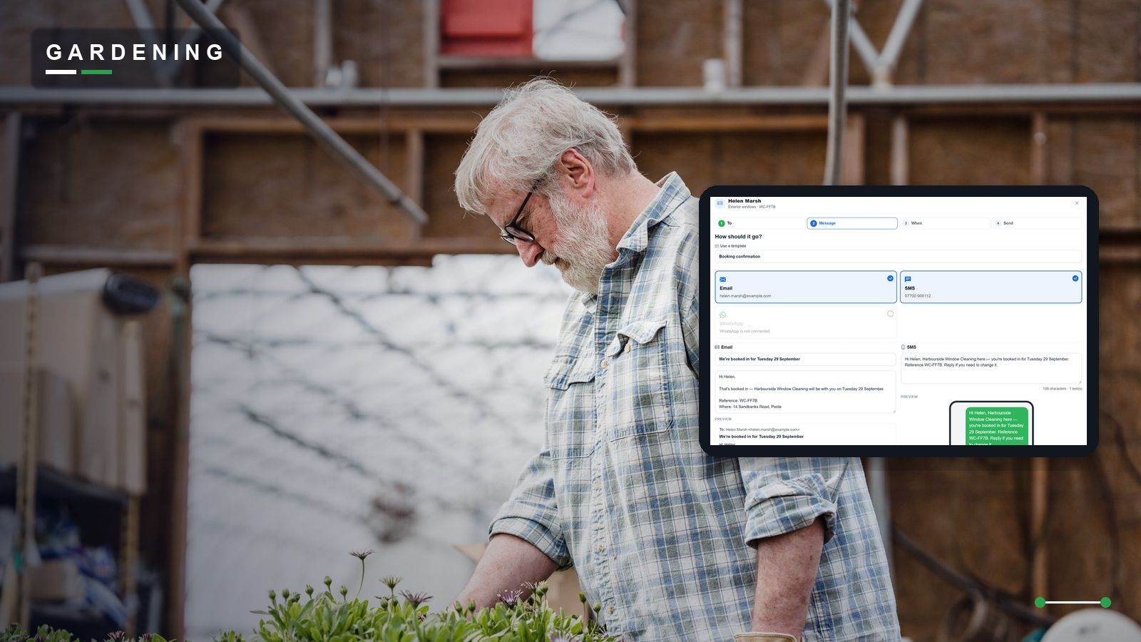 A gardener tending plants in a greenhouse, beside TradeYoke's message wizard with a booking confirmation already filled in