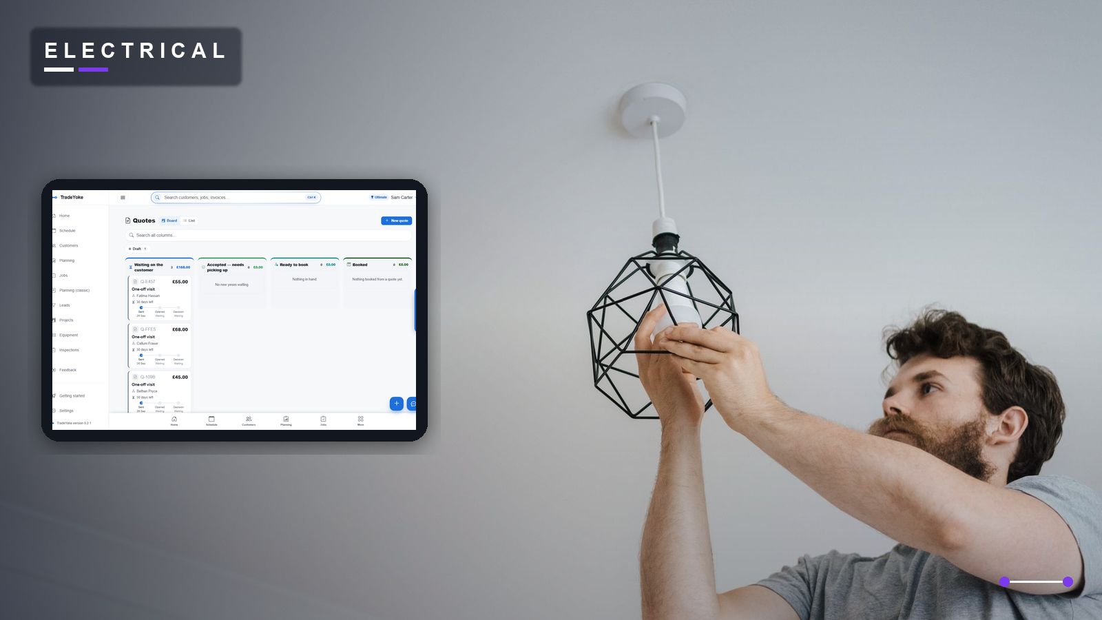 An electrician quoting a job on a tablet on site, beside TradeYoke's quote wizard pulling lines from the trade catalogue