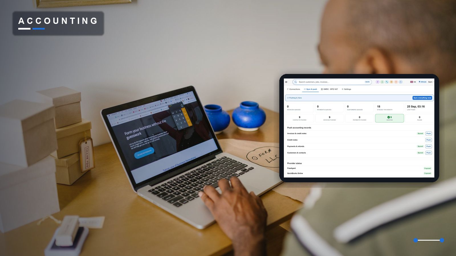 A trade business owner comparing accounting software on a laptop, beside TradeYoke's bookkeeping sync pushing invoices to Xero, QuickBooks or FreeAgent
