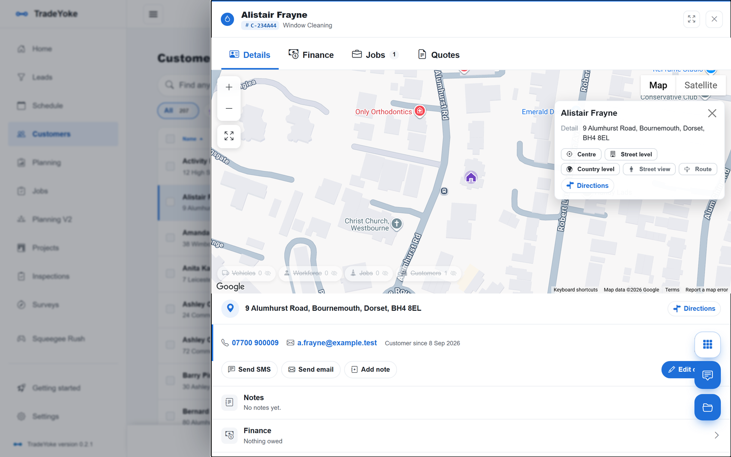 A customer record in TradeYoke: contact, address, notes, jobs and balance