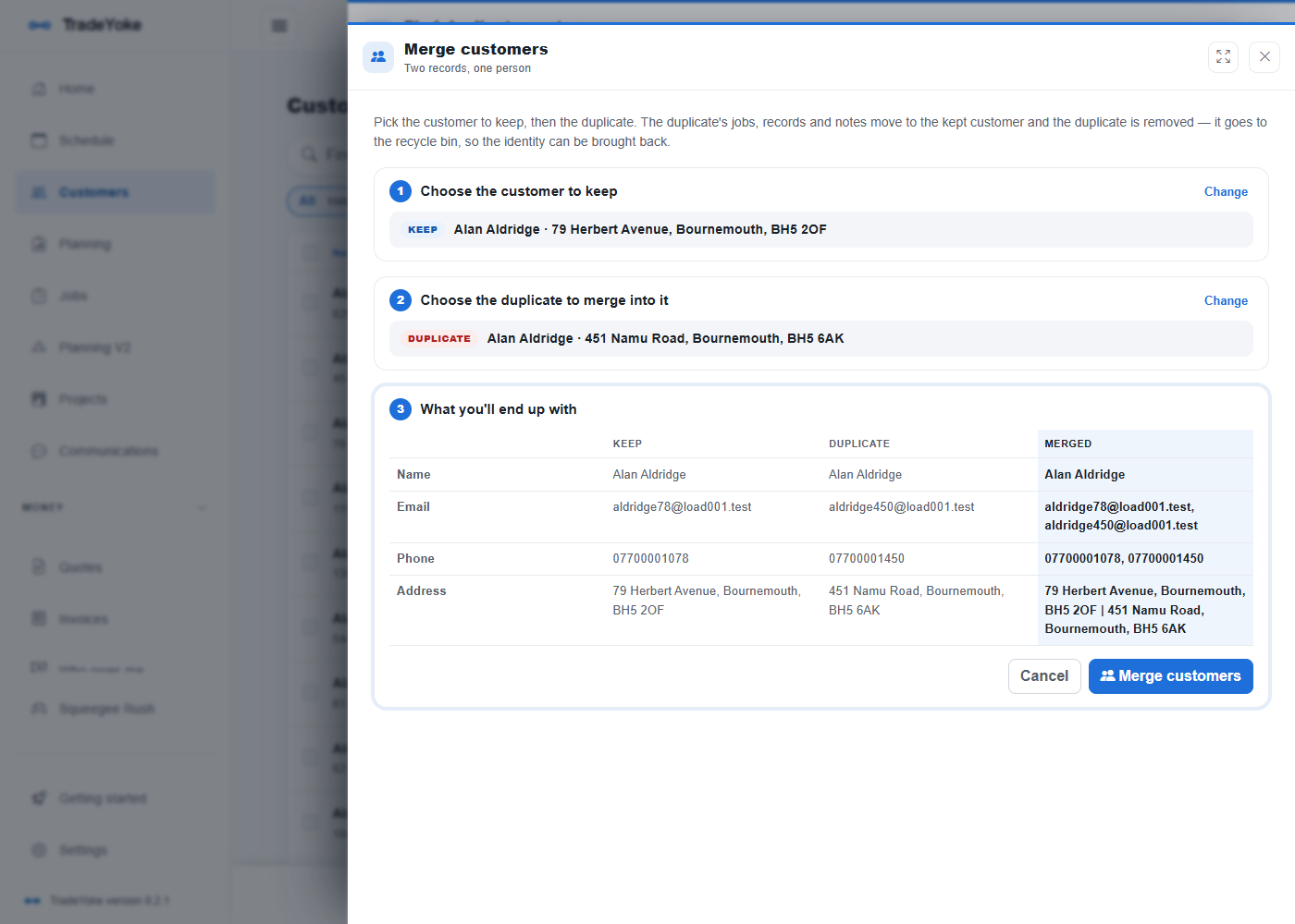 Merging two customer records into one