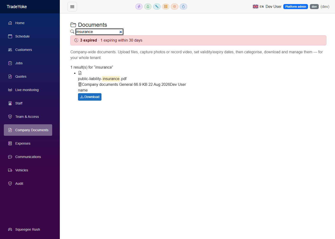 Searching inside a document in the TradeYoke document library