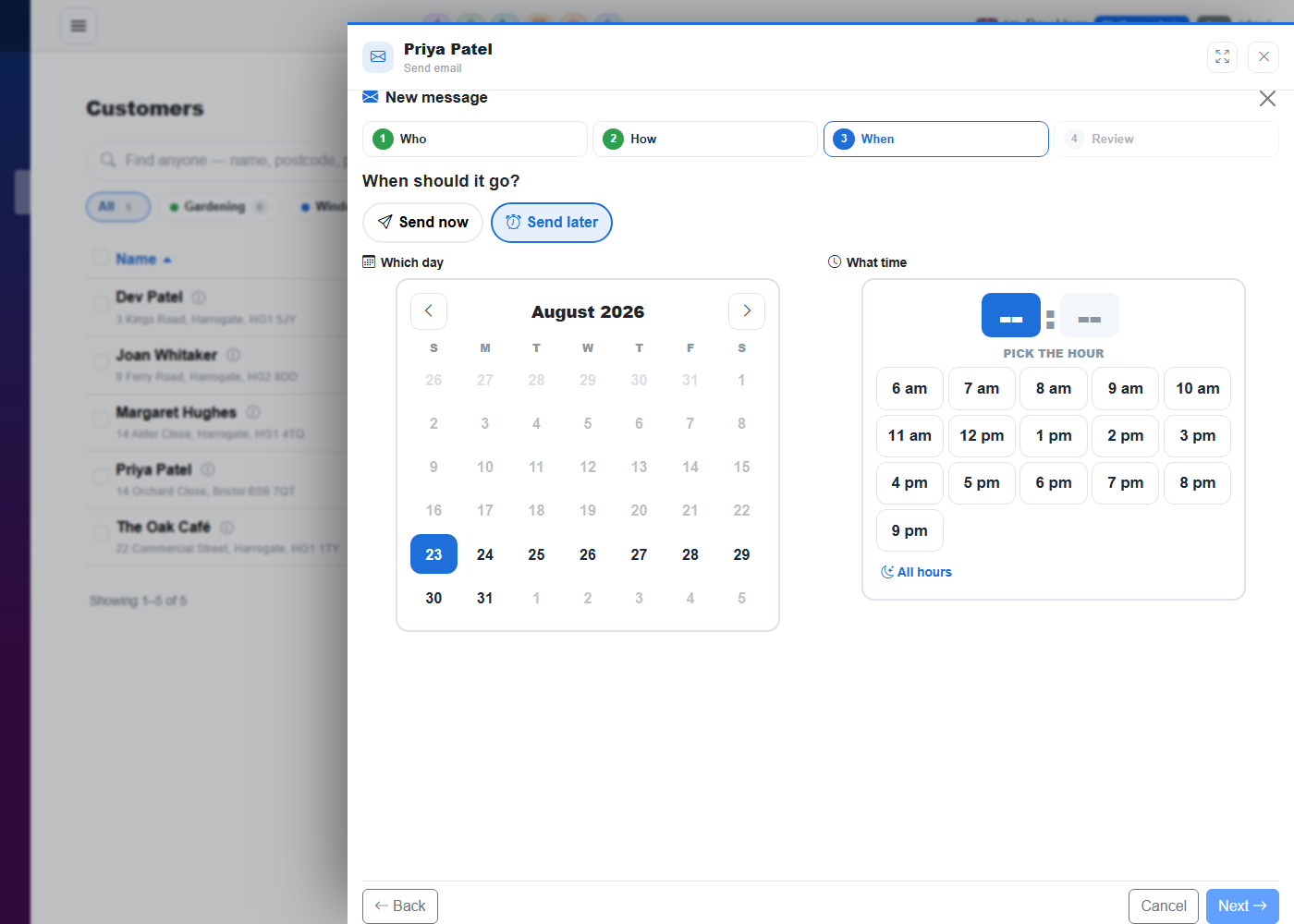 The message wizard: sending now or scheduling for later