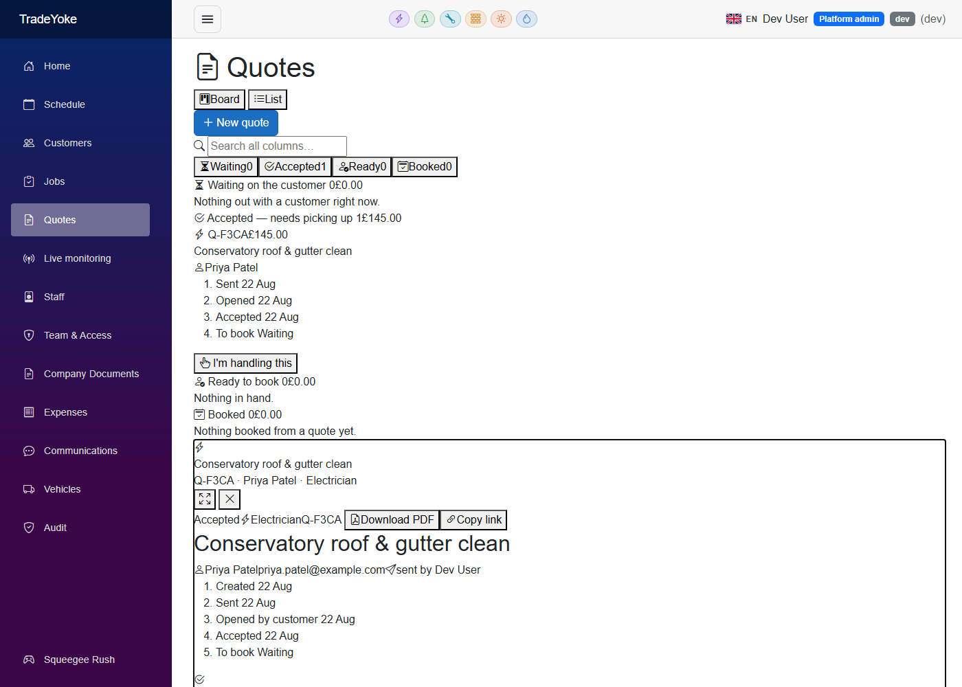 A quote with its PDF, ready to send