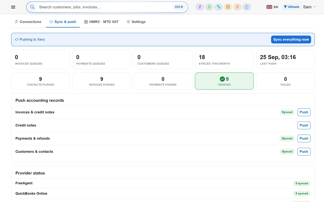 Bookkeeping sync in TradeYoke: invoices and payments pushed to Xero, QuickBooks or FreeAgent