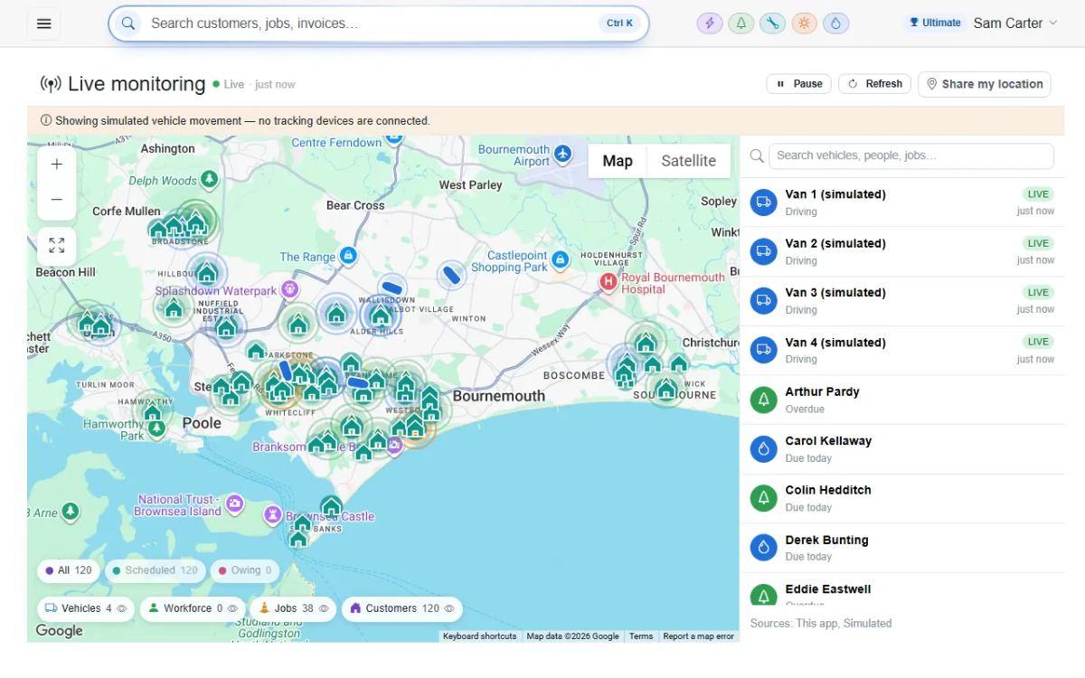 Live monitoring in TradeYoke: vans and customers on one map