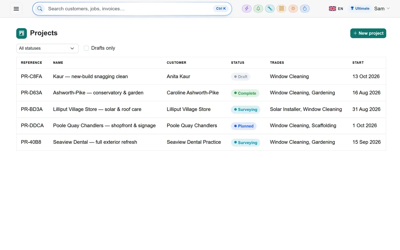 Projects in TradeYoke: multi-visit work with its jobs, costs and documents