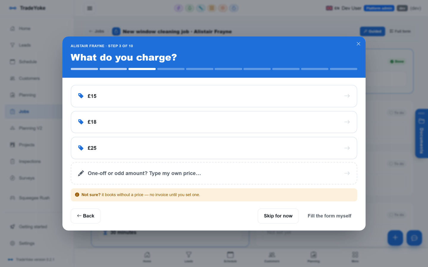 The TradeYoke job wizard asking when the job is due