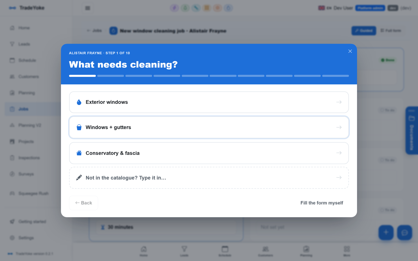 The TradeYoke job wizard asking what needs cleaning
